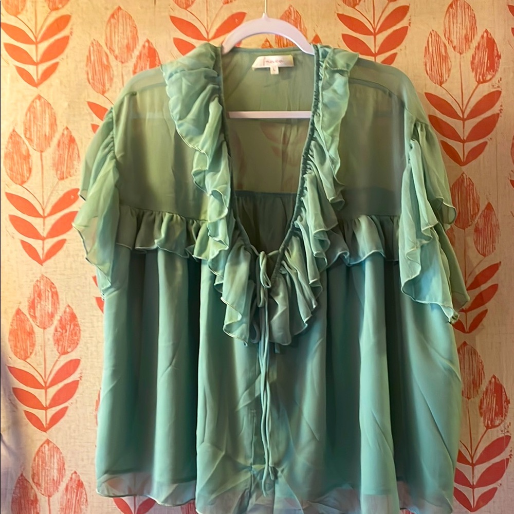 FANCO lined in front, ruffled and flowy top!
L-XL. Purchased at The Buckle.